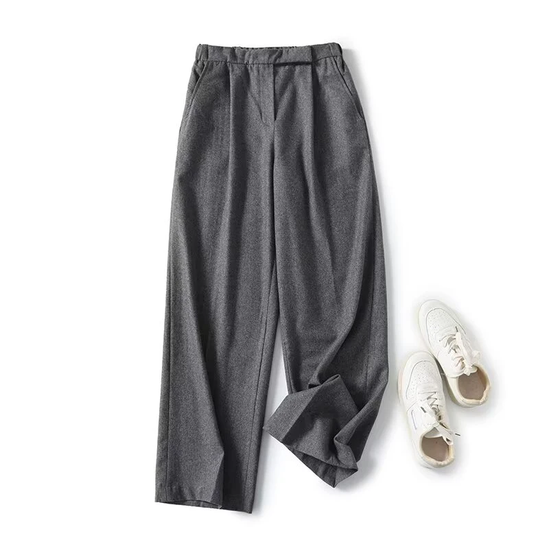 YENKYE Women Office Wear Gray Straight Woolen Pants Vintage High Waist Autumn Winter Casual Trousers pantalones de mujer