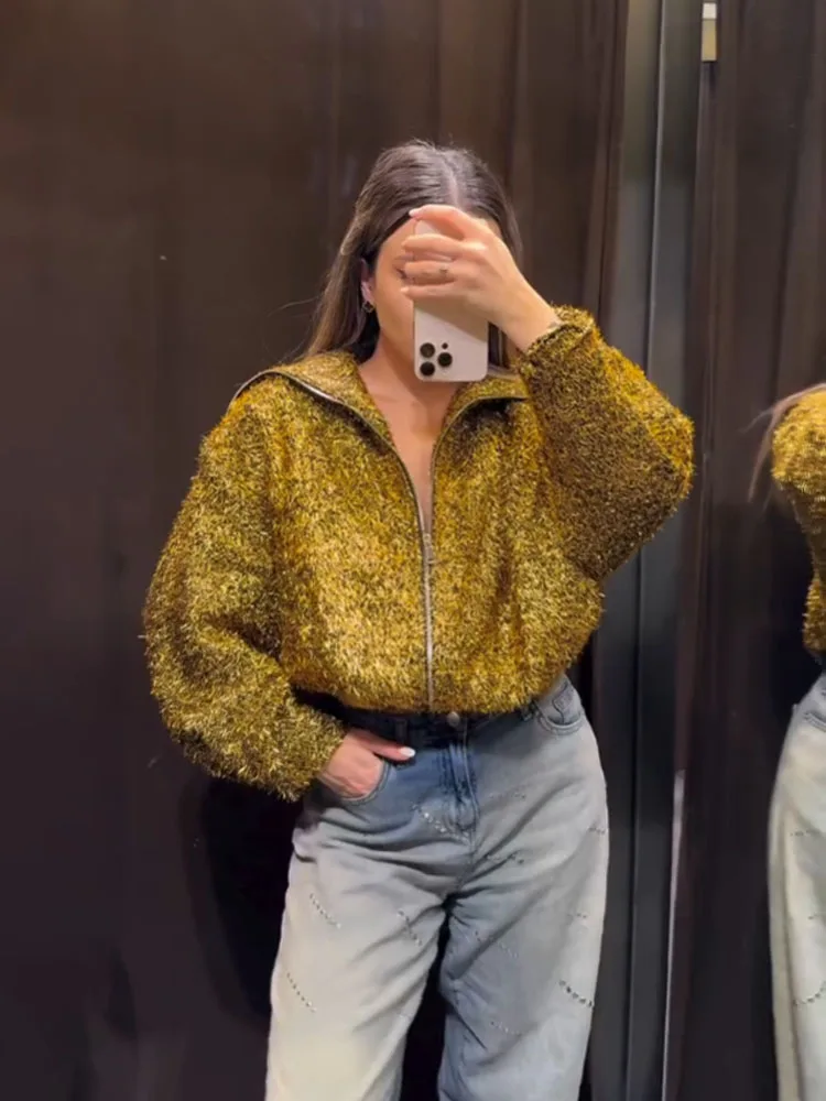 

HH Autumn Women Fashion Metallic Color Line Pockets Turn-down Collar Long Sleeve Jacket Female Casual Zipper Pilot Coat Mujer