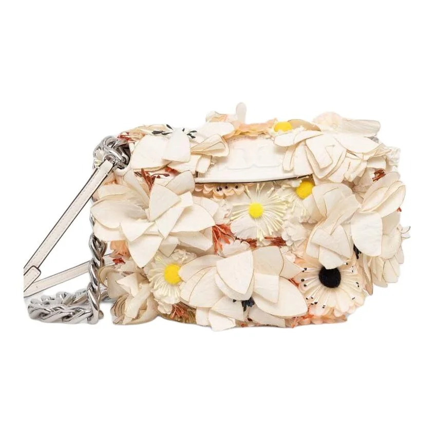 Bolsa de Lona Tory Burch Fleming com Detalhes em Couro, Bolsa Transversal Portátil, Bolsa de Ombro Feminina Ecru