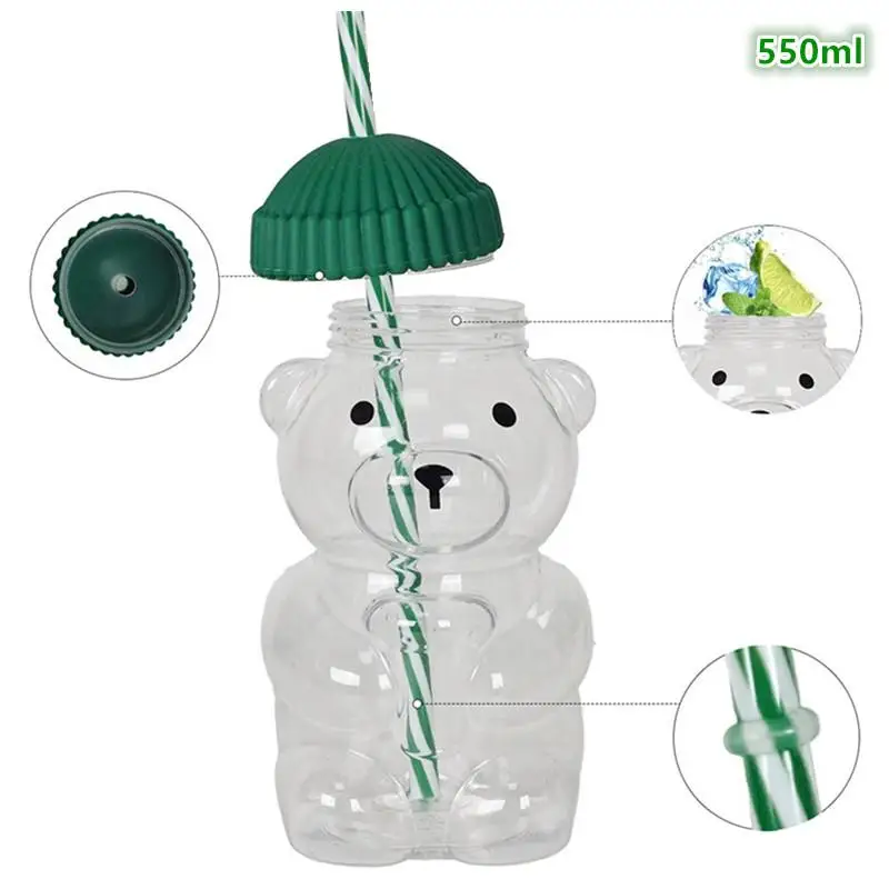 With Straw Transparent Creative Milk Coffee Water Cups 550ML Cartoon Bear Shaped Coffee Mug Cute Bear Mug PET Plastic Cup - view 2