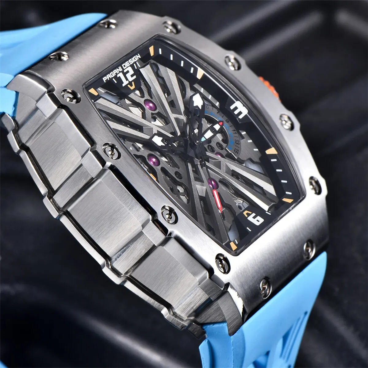 2024 New PAGANI DESIGN Men\'s Quartz Watches VH65 Movt Skeleton Dial 100M Waterproof Sport Rectangle Sapphire Glass Watch for Men