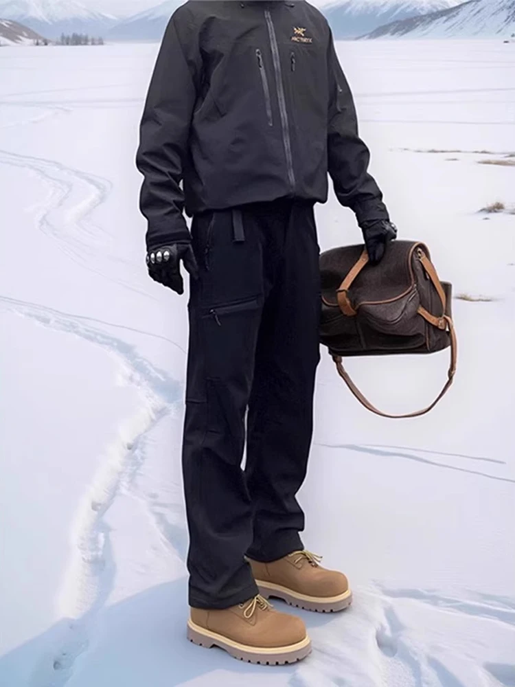 سراويل رجالي للتنزه سيرًا على الأقدام بتصميم أمريكي عتيق سراويل شتوية سميكة من الصوف للتزلج في الهواء الطلق لتسلق الجبال سراو...