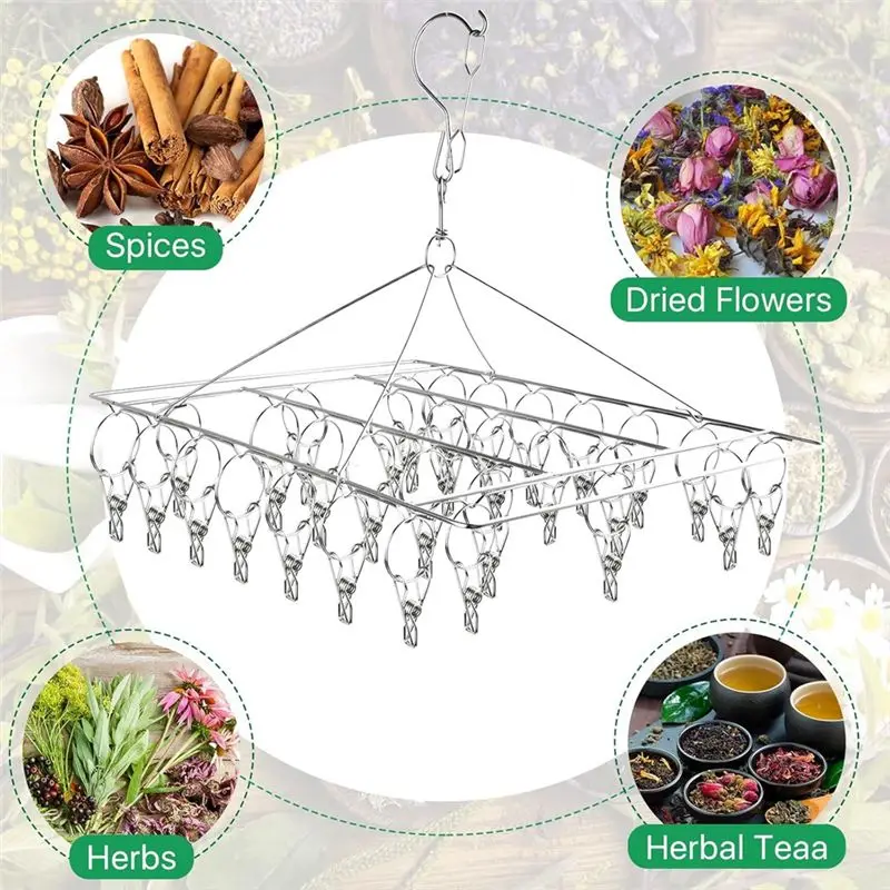Stainless Steel 4-Piece Hanging Herb Drying Rack With 30 Hooks-Space-Saving For Fresh, Aromatic Herbs-B61B