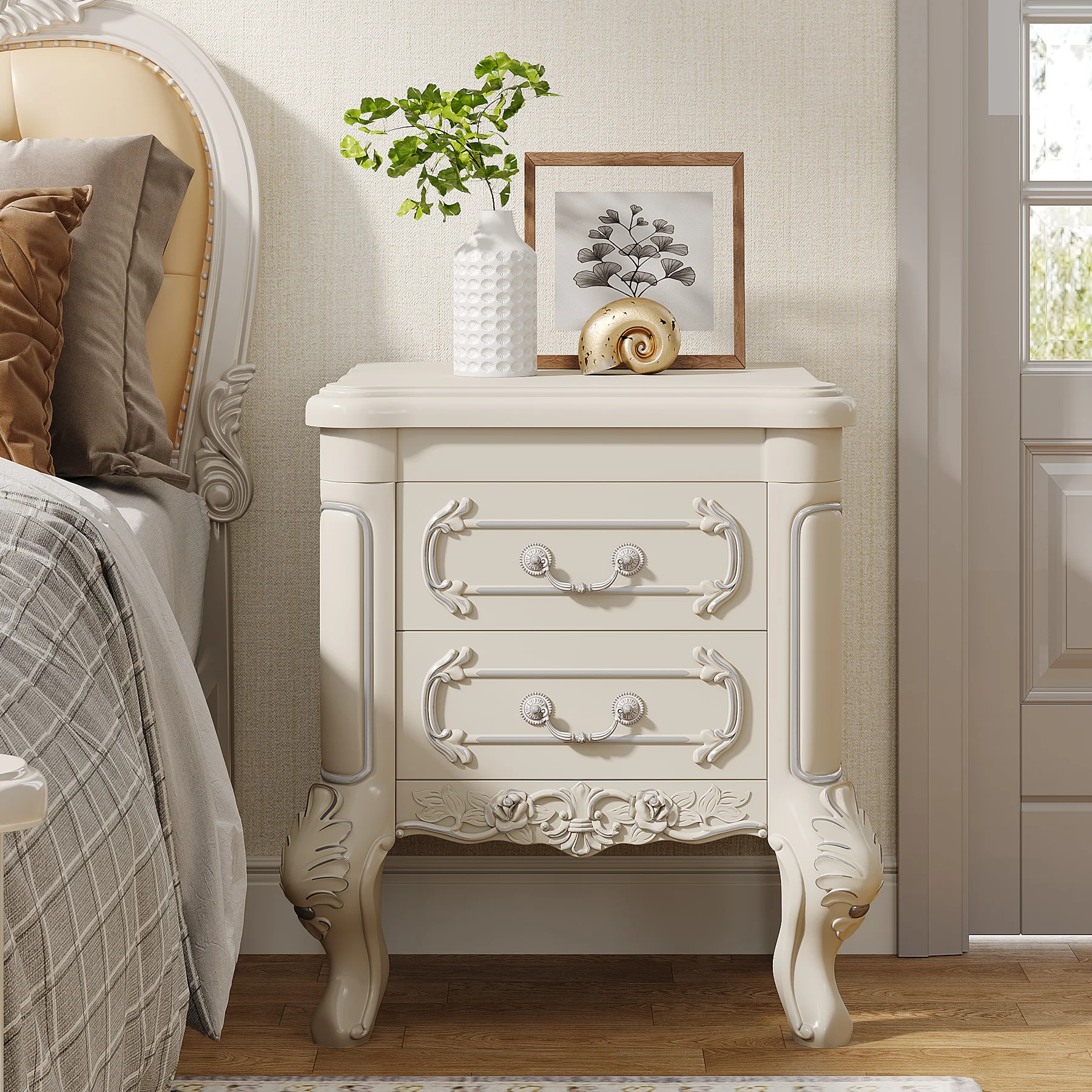 Tribesigns White Nightstand, End Table with 2 Drawers, Carved Bedside Tables, Side Table for Bedroom, Living Room