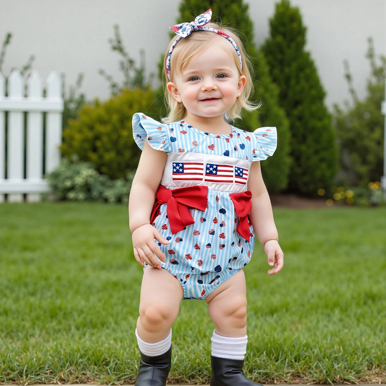 BeQeuewll Cute Bows Baby Girl Summer Clothes Patriotic Romper Casual Heart Print Flag Embroidery Newborn Jumpsuit for Toddler