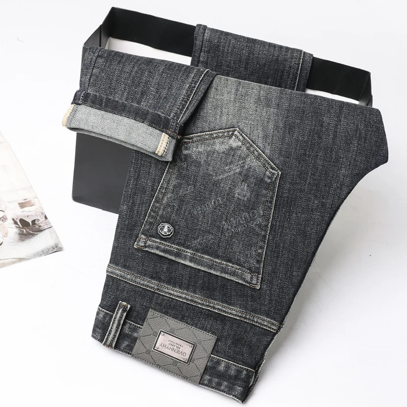 2024 New Tide European high-end light luxury stretch black gray casual MEN'S denim long pants