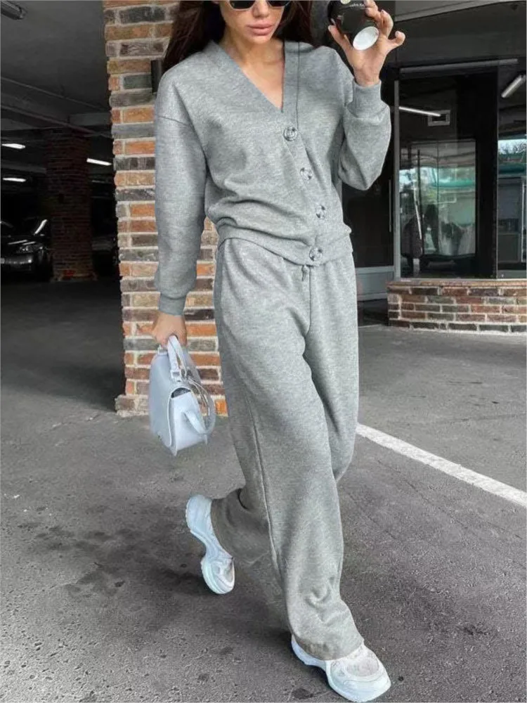 Women Jacket Cardigan Sweatpants 2pcs Sets 2025 Autumn Winter Fashion Solid Color Drawstring Elastic Waist Wide Leg Trousers Set