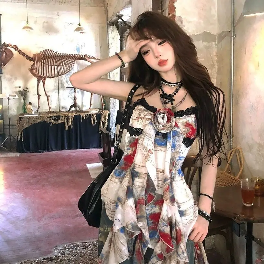 Spicy Girl Oil Painting Art Printed Camisole Vest, Summer Flower Flower Flower Sleeveless Design, Irregular Splicing Lace Top