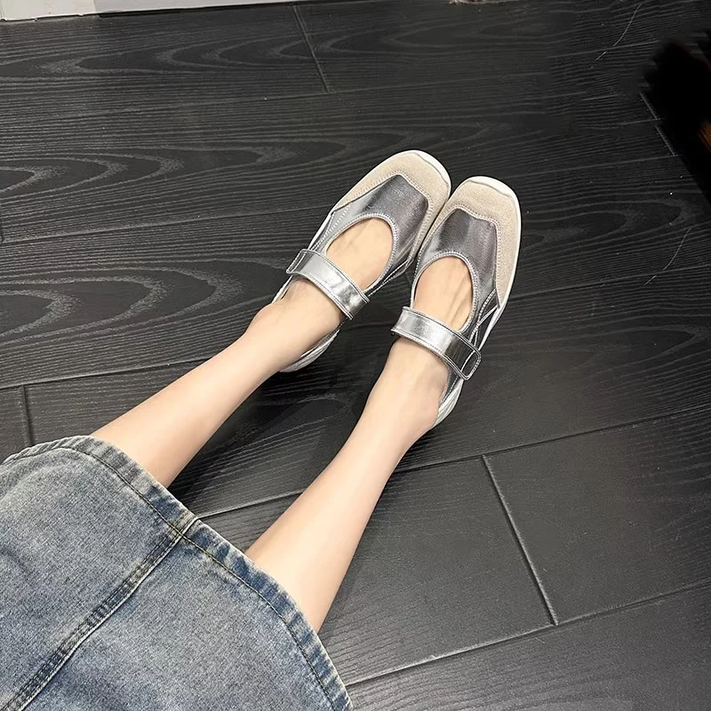 

Silver Patent Leather Thick-Soled Mary Jane Women Fashionable Sports Casual Sneakers Soft Leather Shallow Ballet Shoes Chaussure