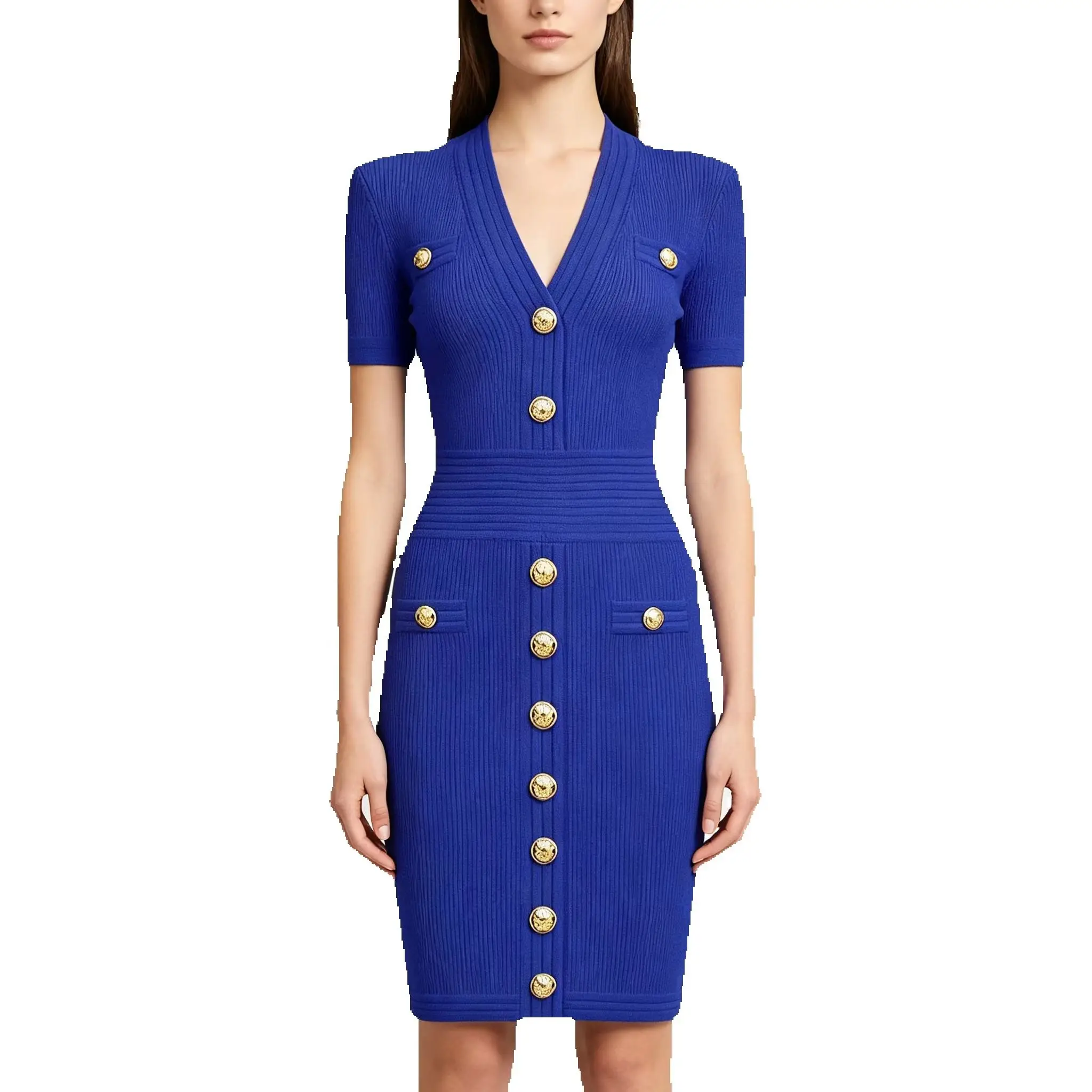 

High Quality Extended Summer New Style Women's Knitted Dress - Fashionable Temperament Socialite V-Neck Short Sleeved