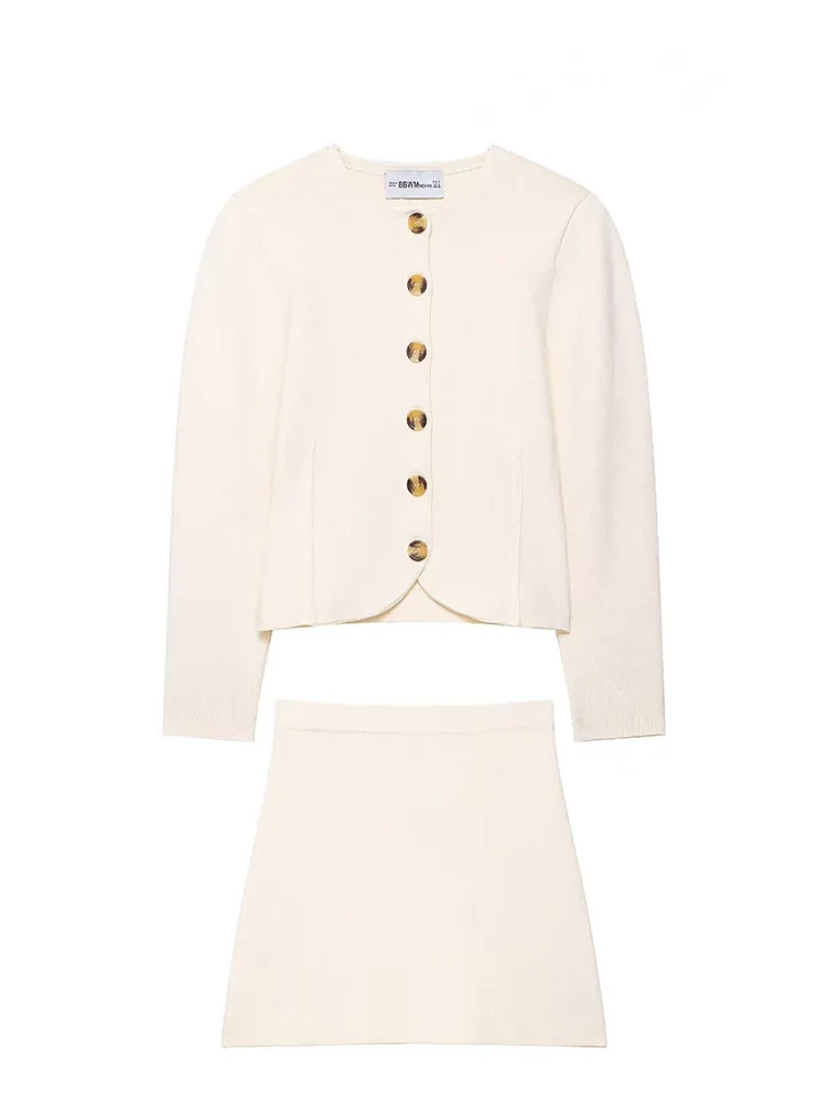 

HH Women's Fashion Knitted Single Breasted Long Sleeve O-Neck Sweater+Summer Casual Elastic Waist Solid Mini Skirt Set Mujer