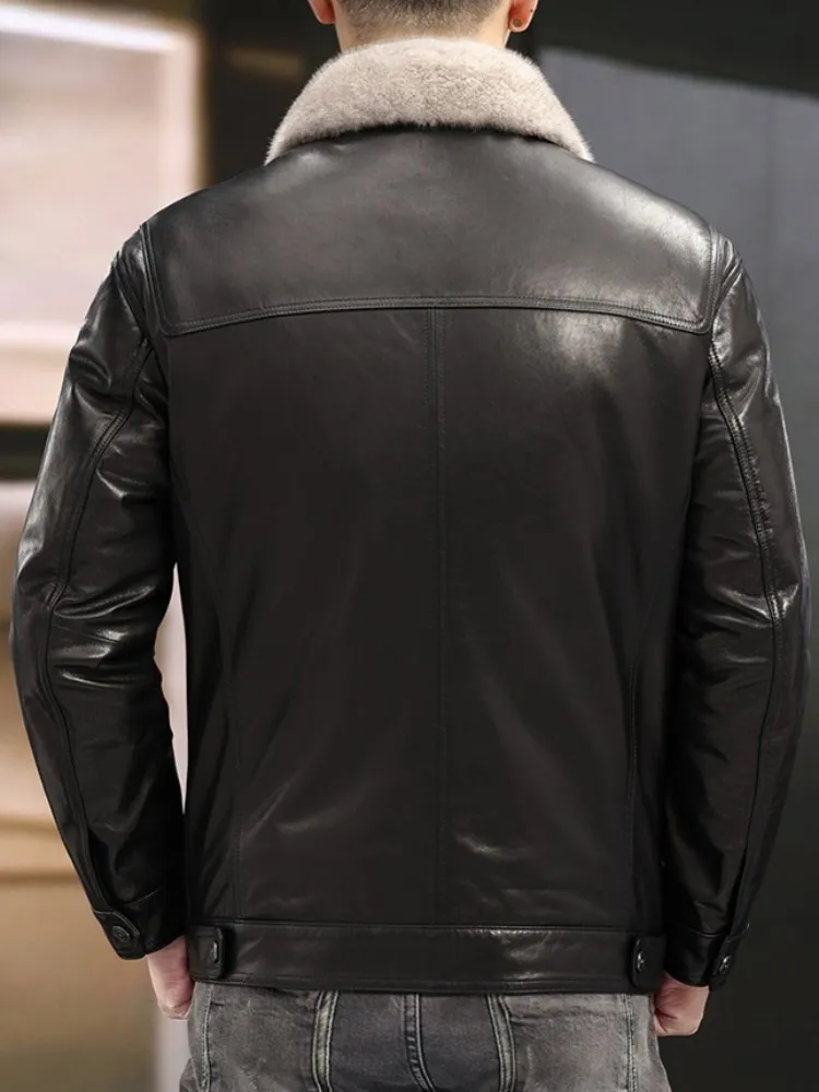 Fashion Leisure Zipper Turn Down Collar Genuine Leather Jacket Solid Color Pocket Slim Male Sheepskin Long Sleeves Outerwear