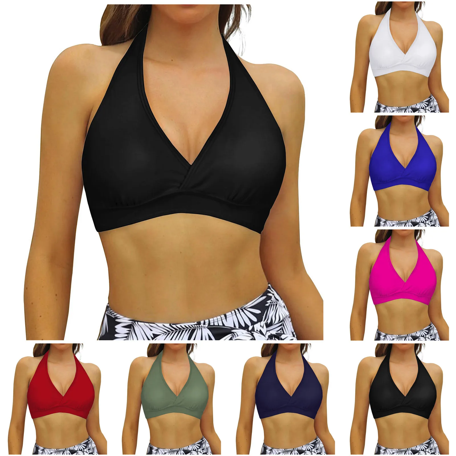 

Lace Up Swimwear Halter Bikini Top Underwire Full Coverage Sports Bras Push Up Swim Crop Top Tie Back Solid Color Swimsuit