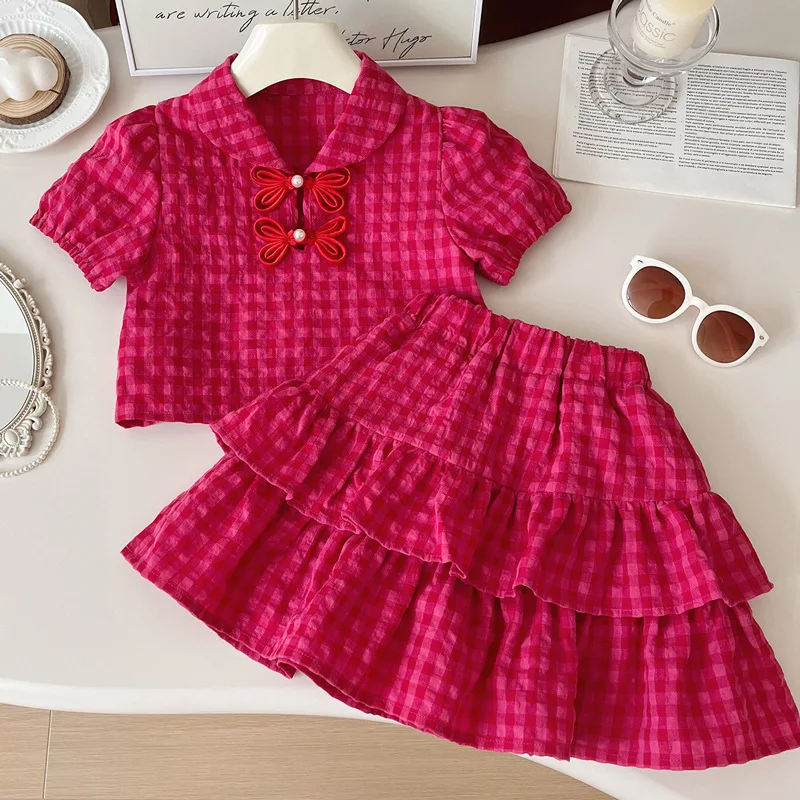 Children\'s Clothing Sets Plaid Sleeveless Top + Skirt 2pcs Sets Traditional Chinese Style Girl Clothes 2 To 7 Years Outfit Set