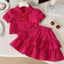 Children's Clothing Sets Plaid Sleeveless Top + Skirt 2pcs Sets Traditional Chinese Style Girl Clothes 2 To 7 Years Outfit Set