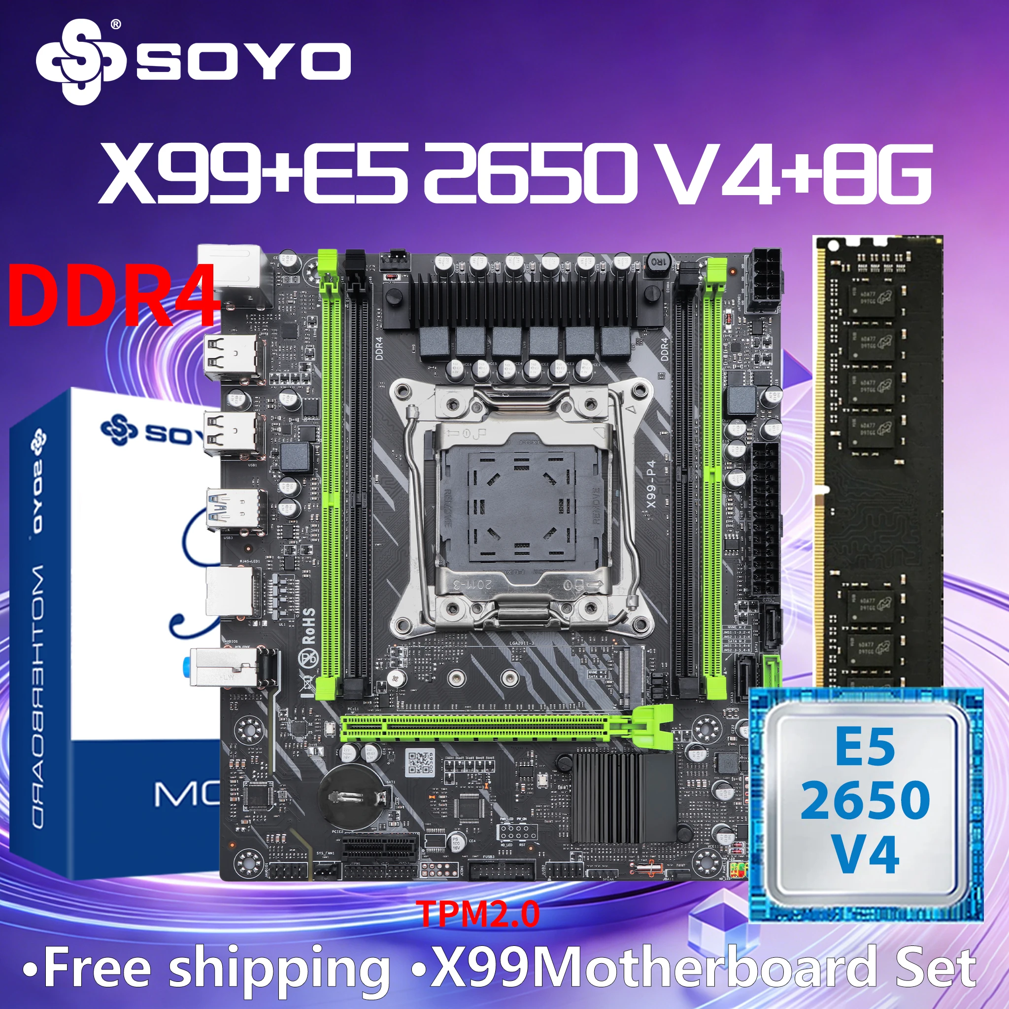 

Gaming Motherboard SOYO X99 RAM 8G*1 Intel Kit Xeon E5 2650 V4 CPU DDR4 Computer components TPM2.0 LGA2011-3 SATA3.0 M.2 NVME