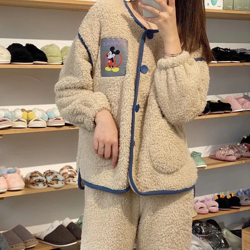 Disney Mickey winter new pajamas thickened and velvet female cartoon cute casual coral velvet can be worn outside loungewear