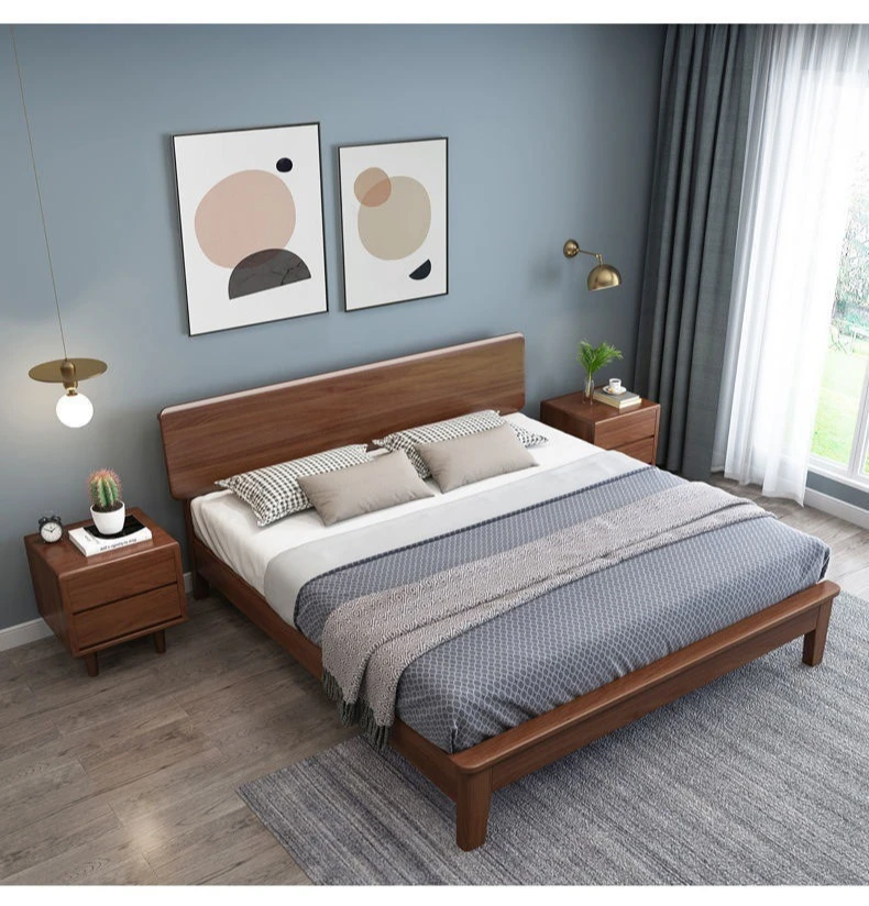 سرير من الخشب الصلب الاسكندنافي، غرفة نوم رئيسية من خشب الجوز، غرفة تأجير، سرير أثاث بسيط وحديث
