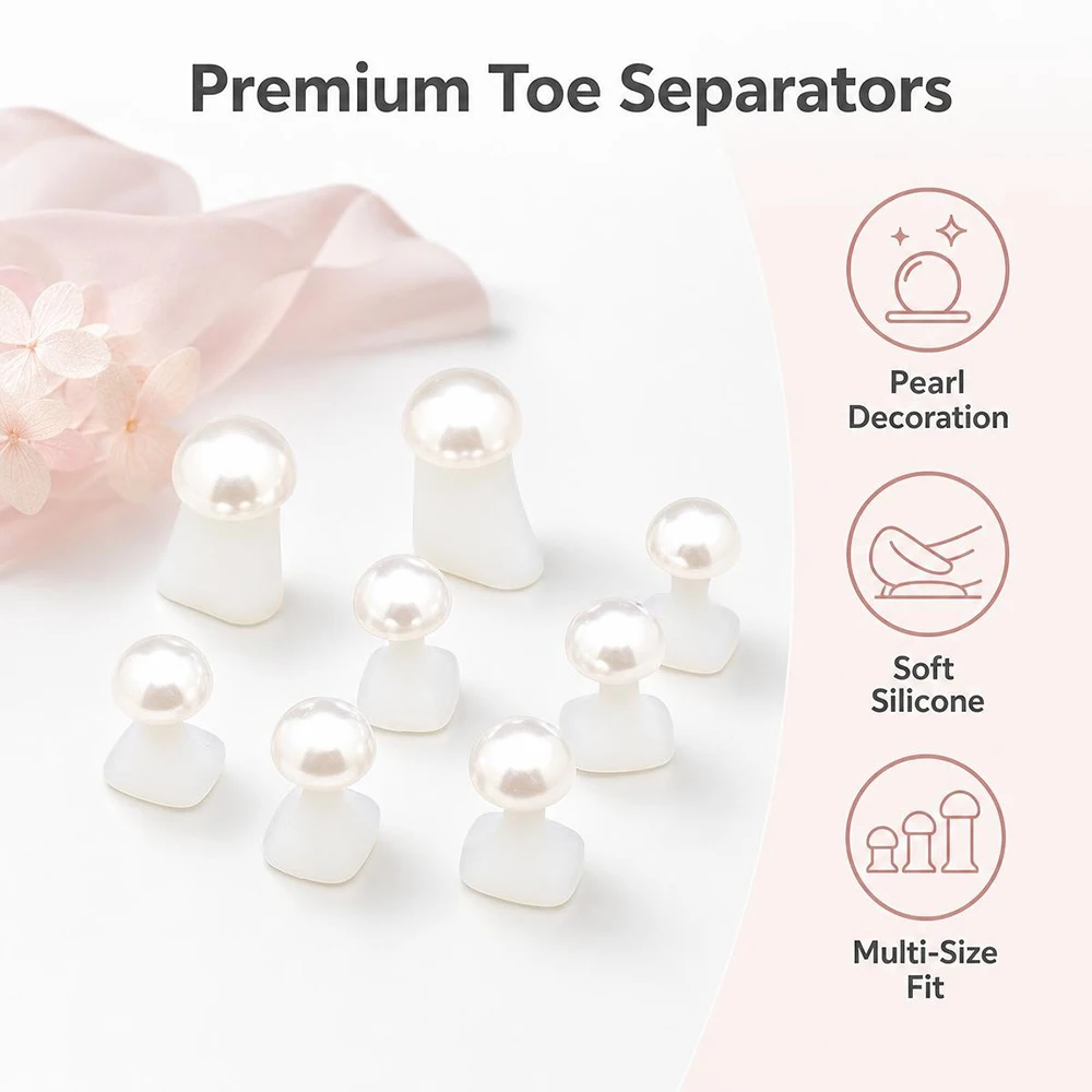 8Pcs Pearl Decor Soft Silicone Toe Separators Multi-size Pedicure Toe Spacers Reusable Nail Art Foot Toe Separator Manicure Tool