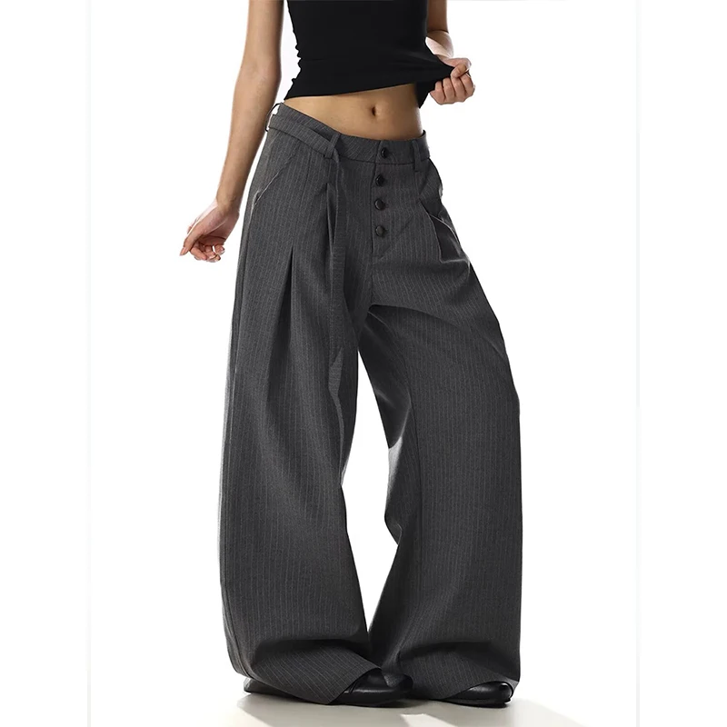 2026 Year Stripe Double Waist Button Kendo Pants Drapey Straight Cleanfit Long Trousers Couple Style Casual Fashion Leisure