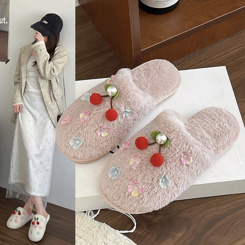 2024 Winter Women Cherry Slippers House Casual Women Fluffy Slides Shoes Autumn Warm Plush Slipper Bedroom Ladies Cotton Shoes