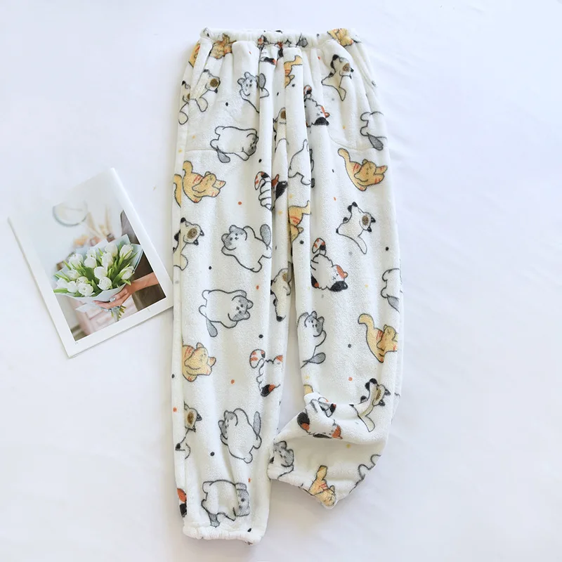 Winter Pajama Pants Women Coral Velvet Homewear Cute Sleep Bottoms Thick Warm Flannel Home Pants Female Plus Size Loose Trousers