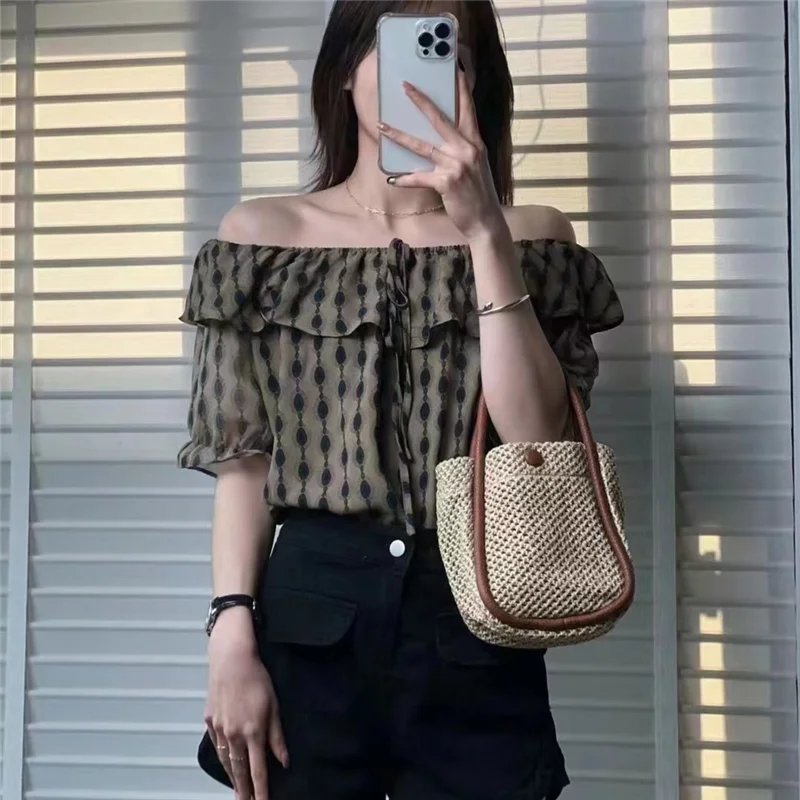 Casual Ruffles Patchwork Loose Shirt Vintage Broken Flowers Printed Women\'s Clothing O-Neck Summer New Stylish Drawstring Blouse