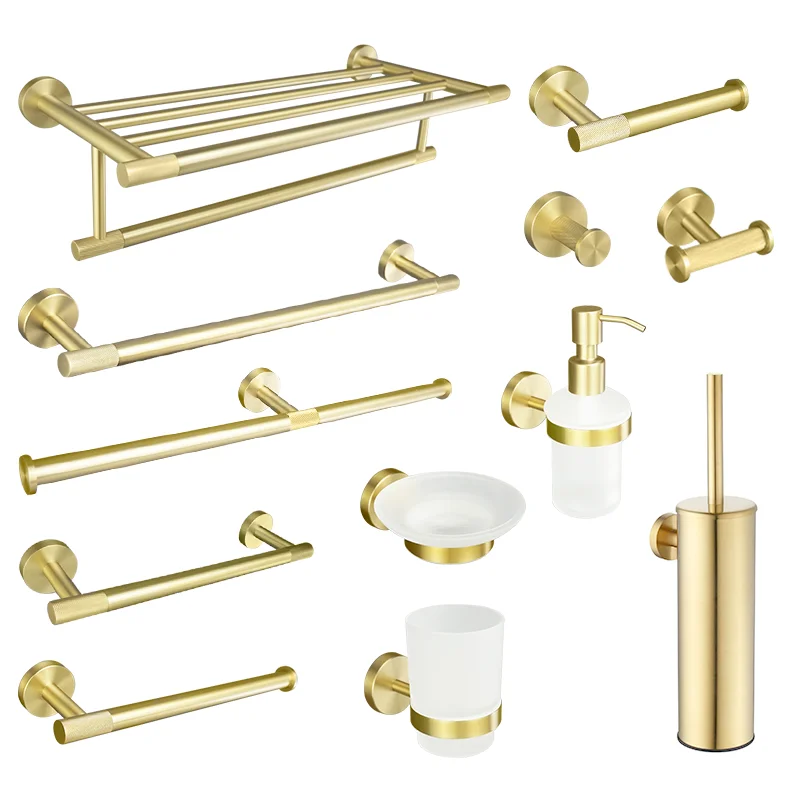 Brushed Gold Bathroom Accessories Set Hardware Kit Wall Mount Hand Towel Bar Rack Toilet Roll Paper Holder Robe Hook Hanger