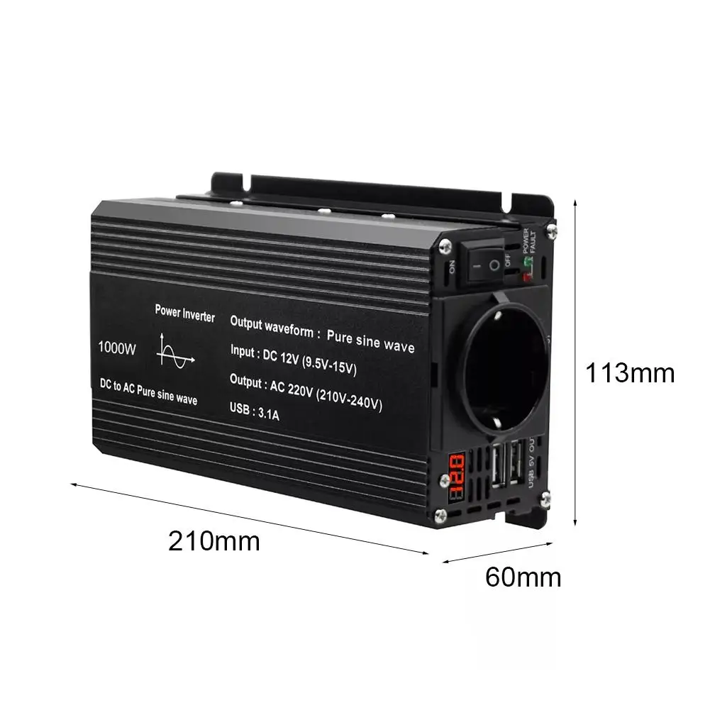 Pure Sine Wave Inverter DC 12V To AC 220V 230V 1500W/2200W/2600W Voltage Transfer Converter Universal EU Socket Auto Accessories