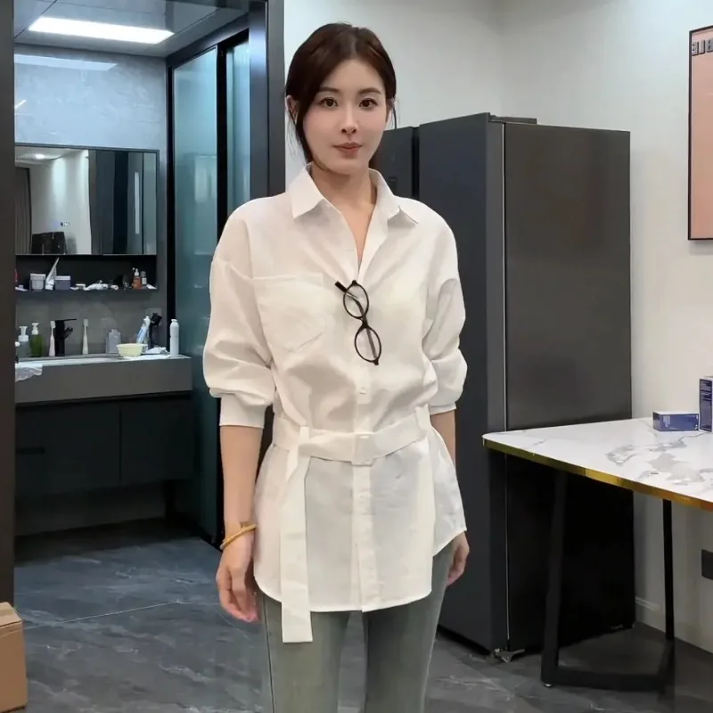 

French Retro Long-sleeved Shirt for Women Summer New Style Belted Waist Slimming Chic