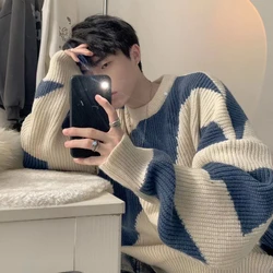 Sweater Handsome Male Student Wearing Knitted Sweater Autumn and Winter Round Neck Contrasting Coarse Yarn Knitted Sweater
