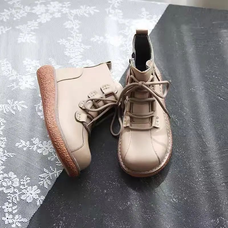 Careaymade-Vintage Lace Up boots women's short boots chimney boots women's big head baby shoes muffin boots women's shoes