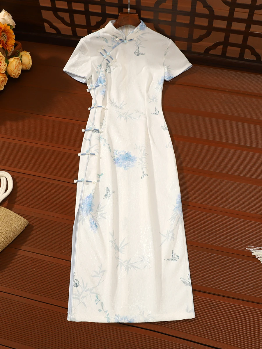 

Новое летнее дышащее платье для молодых женщин: белое, винтажное, в китайском стиле, повседневное, улучшенное, с коротким рукавом, длинное, с цветочным узором