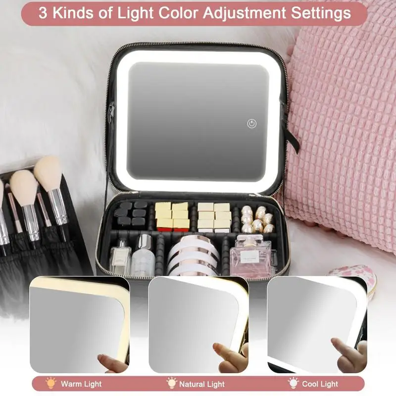 LED Makeup Bag With Mirror Light PU Leather Make Up Traveling Organizer Bag Makeup Case Organizer For Girls Women Birthday Gift