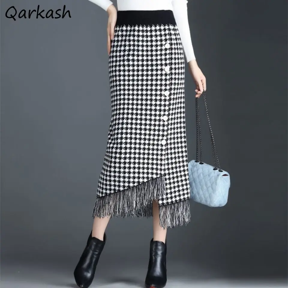 

Irregular Tassel Skirts Women Vintage S-3XL Office Lady Slim Winter Elegant Knitted Thicken Tender Faldas High Waist Midi Newly