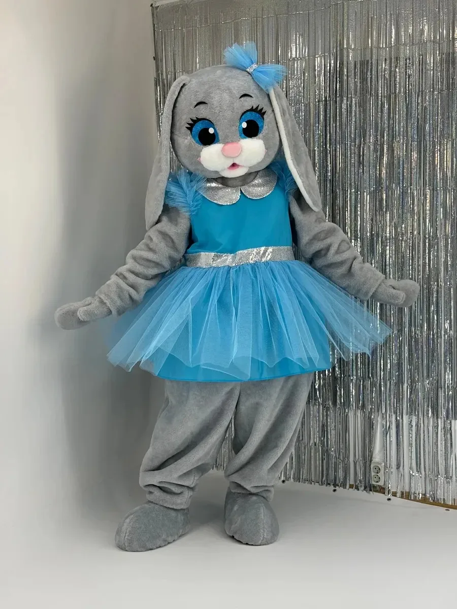 

Sky Blue Dress Bunny Grey Rabbit Mascot Costumes Cartoon Cosplay Costumes Birthday Character Party Maskote theme Anime Carnival