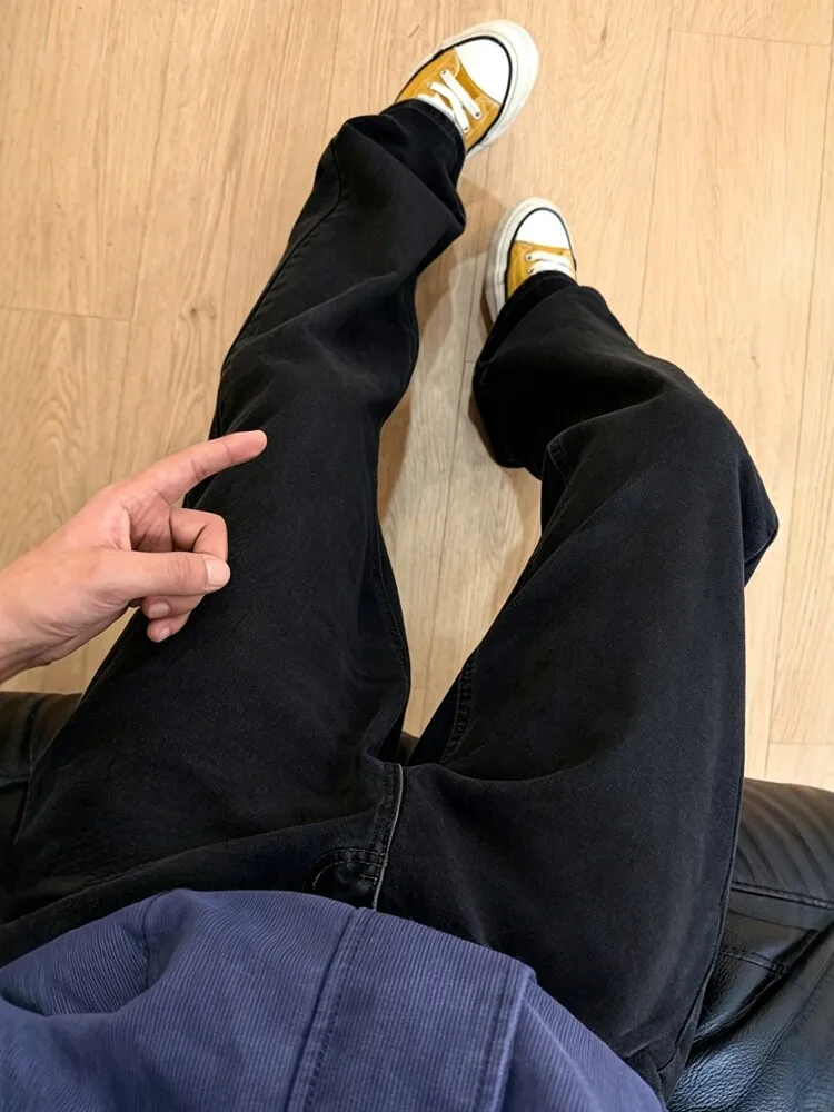 

Cleanfit Black Bell Bottom Men's Jeans American High Street Vibe Elastic Slimming Rise Straight Leg Knife Pants