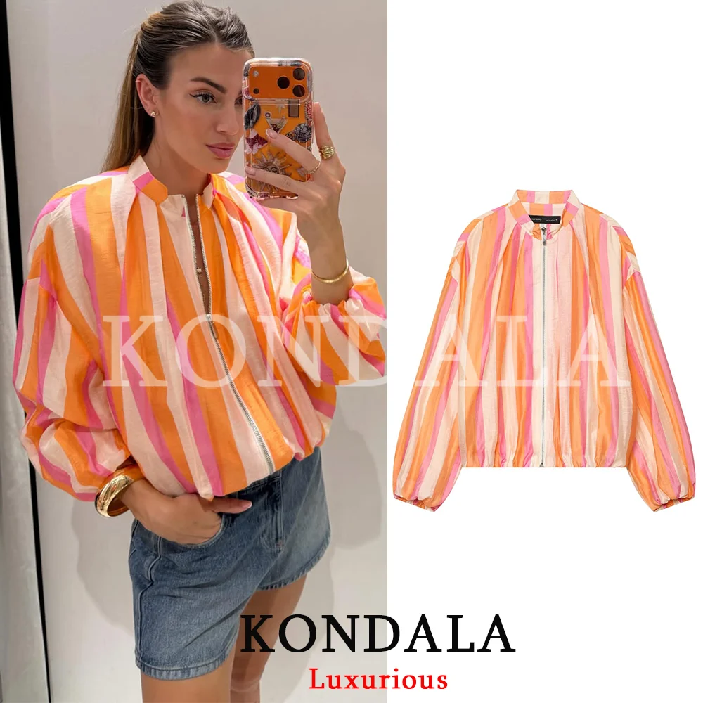 KONDALA High Street Casual Chic Women Jacket Striped Stand Collar Pocket Zipper Jacket Fashion 2026 Summer Beach Holiday Outwear