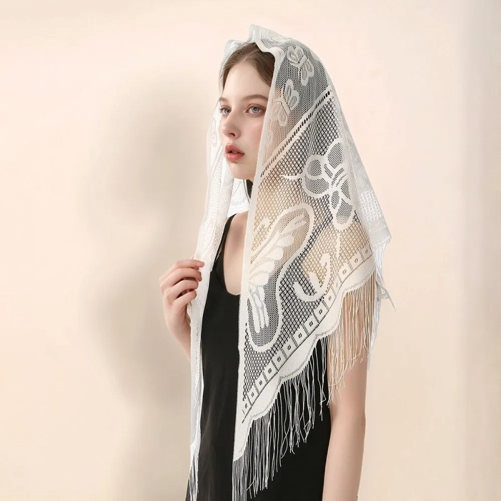 Elegant Pure Color Lace Scarf Hollow Mesh with Tassels Triangle Scarf Transparent Wedding Party Shawl