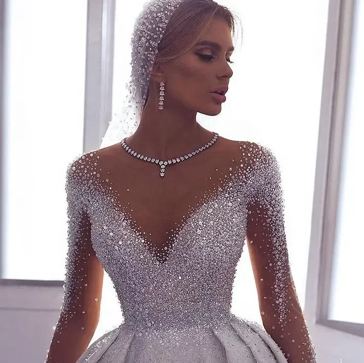 Customized Crystal Dresses Long Sleeve Ball Gowns Plus Size Princess Wedding Dress Bride Gowns For Pregnant Woman Robe Mariage