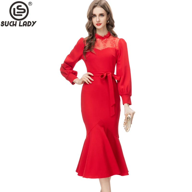 

Women's Runway Dresses O Neck Long Sleeves Sexy Tulle Laid Over Elegant Fashion European Mermaid Designer Vestidos