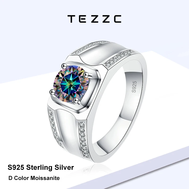 

Tezzc Rainbow Gemstones 1CT Moissanite Diamond Ring for Men Simple Fashion S925 Sterling Silver Wedding Engagement Bands Gifts