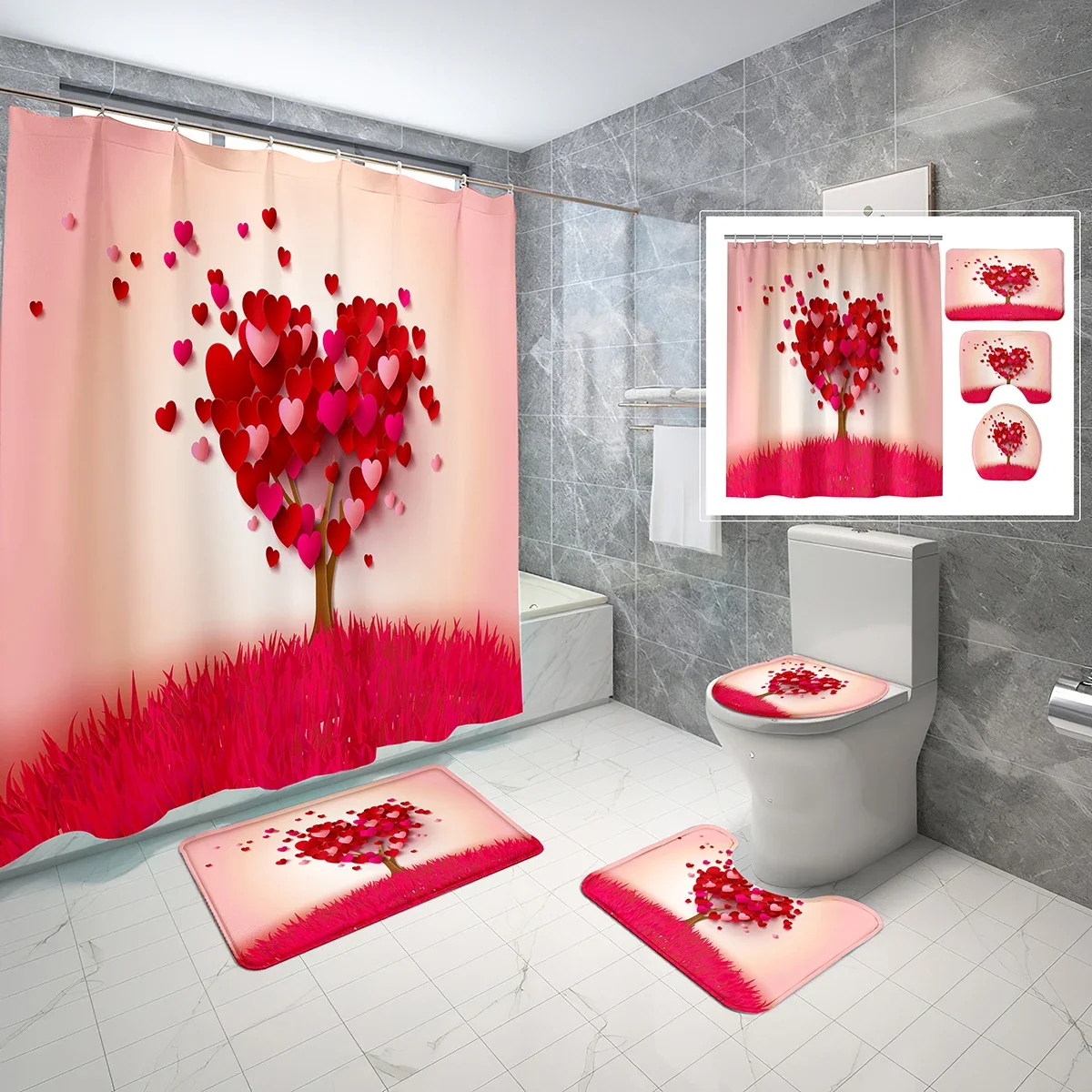 4 Pcs Love Heart Shower Curtain Sets Romantic Red Love Hearts Tree Non-Slip Bath Mat Toilet Cover Waterproof Shower Curtain Set
