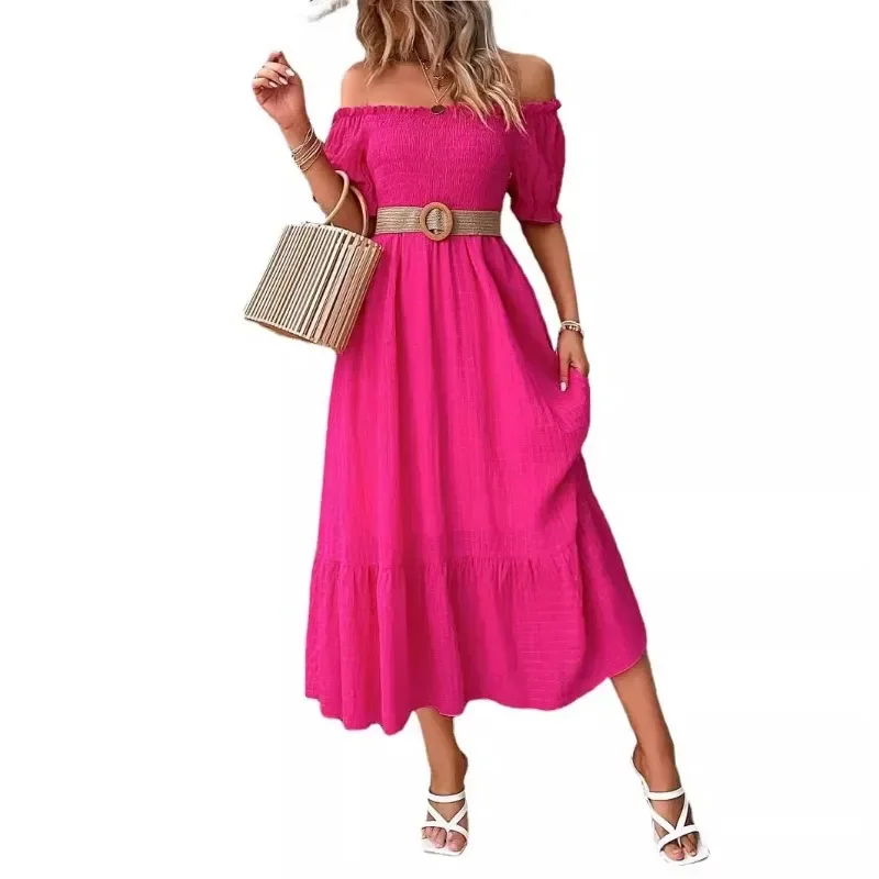 2024 New Women's Dress Knitted Elastic Short Sleeve Bare Shoulder Long Skirt Elegant Summer Sexy Slash Neck Party Slim Dresses