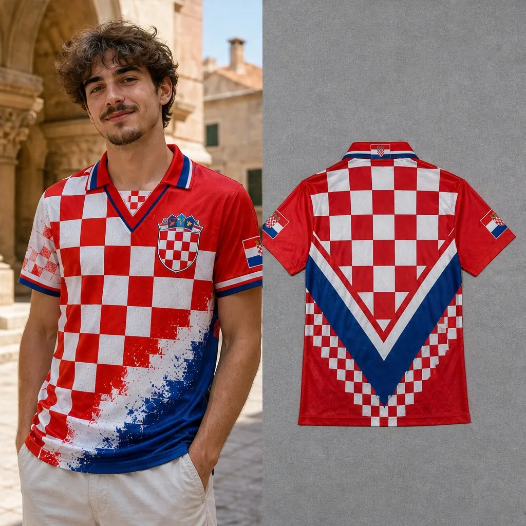 Mens Croatia Large Checker Splash Graphic Semi Polo V Neck T Shirt Short Sleeve Casual Patriotic Jersey Top Daily Wear City Look