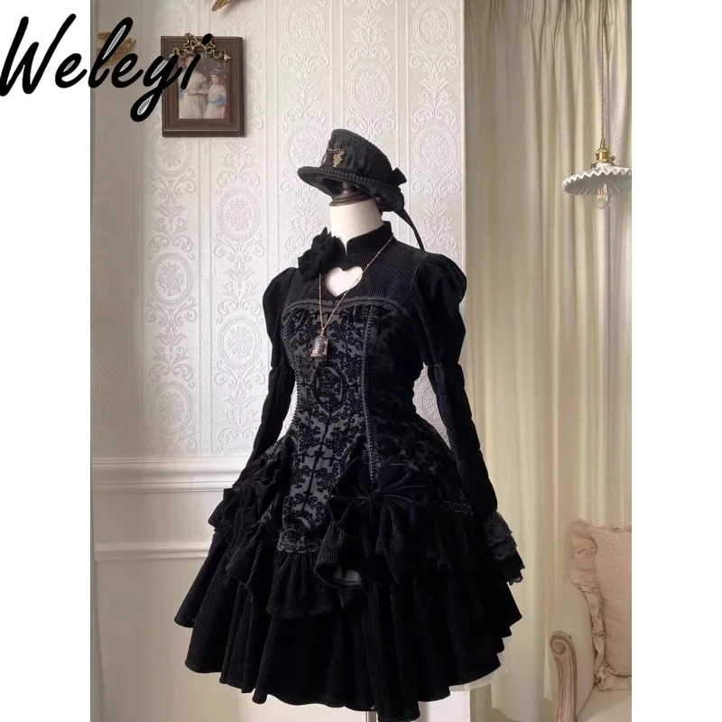 

Gothic Lolita Dark Love Hollow Black Dress Woman Autumn and Winter Elegant Classical Jacquard Long Sleeve Dresses Платье Женское