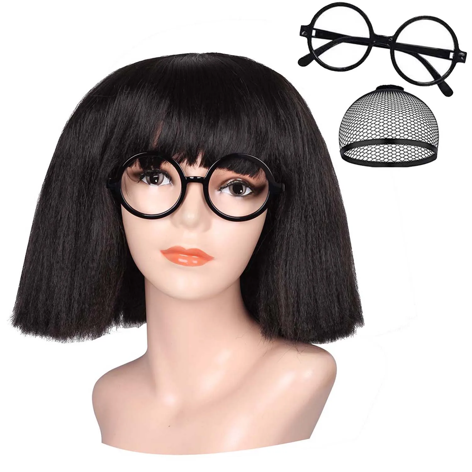 Synthetic Black Bob Wig with Bangs+Glasses Frame for Women, Edna Mode Costume Fluffy Yaki Bob Wigs for Halloween Cosplay Party