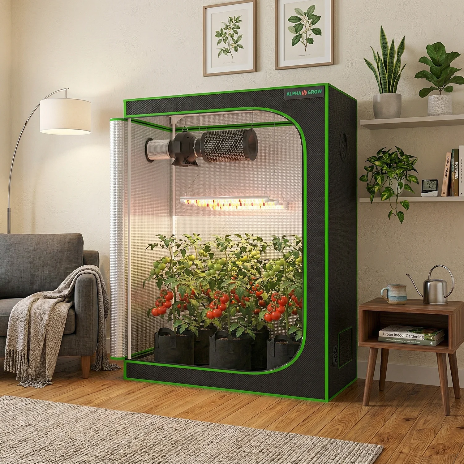 Alpha Grow Lightproof 48x24x60 Gardening Setup with Daisy-Chain 100W Phytolamp, Metal Frame & 4in Filter Cloth