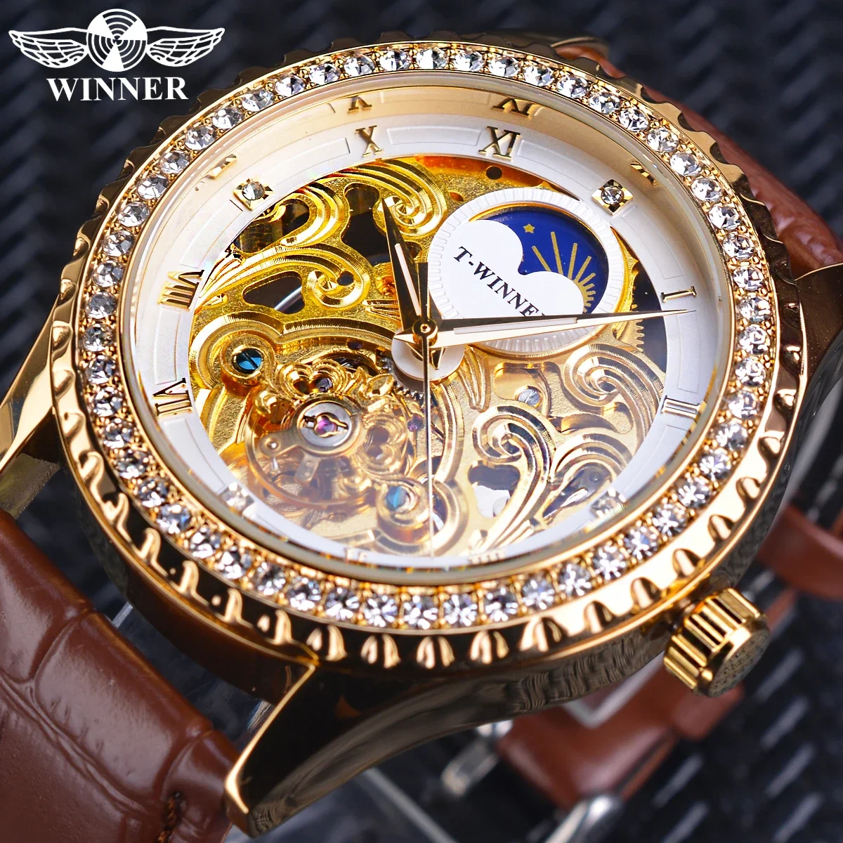 

Winner Watch Men Moon Phase Tourbillon Watches Luxury Diamond Skeleton Automatic Mechanical Wristwatches Men Relogio Masculino