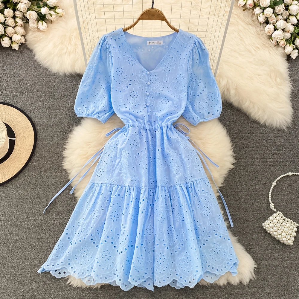 Summer Age Reducing Sweet Bubble Short Sleeved V-neck Hollow Embroidered Waist Tie Up Slim A-line Dress for Women